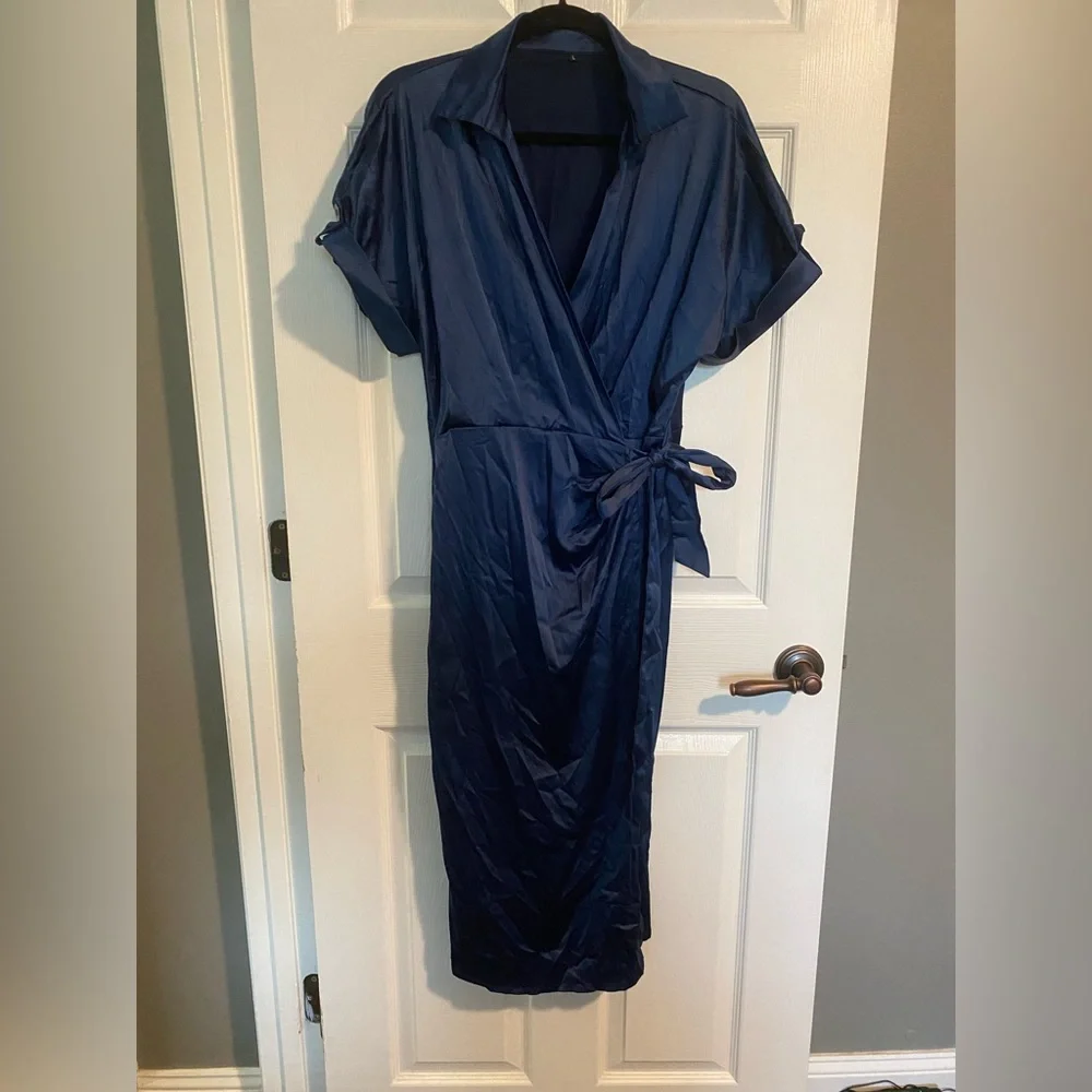 NWOT Ferlema Navy Satin Summer Dress - Picture 3 of 6
